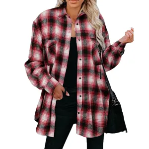 Κόκκινο μαύρο καρό μακρυμάνικο oversized πουκάμισο γυναικείο casual λεπτομέρεια άποψη.