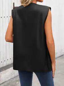 Mujer chaleco sin mangas de piel PU negra chaqueta casual elegante para atuendo de moda
