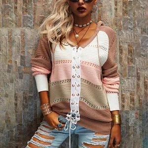 Women fashion colorblock knit cardigan hoodie long sleeve lace up sweater outerwear