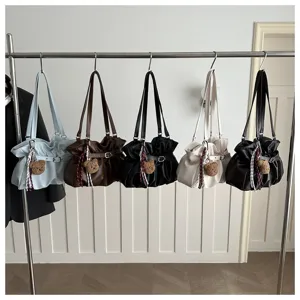 Autumn pleated shoulder tote bag for women, large capacity commuter casual bucket bag.