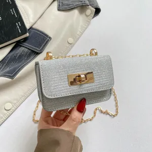 Detailed view of the stylish glitter small square bag with metal lock and chain strap for women.