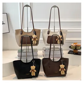 Women Large Capacity Leather Tote Bag Retro Commuter Shoulder Bag with Cute Bear Pendant
