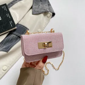 Pink sparkly tweed chain crossbody bag for women, chic small square shoulder bag summer