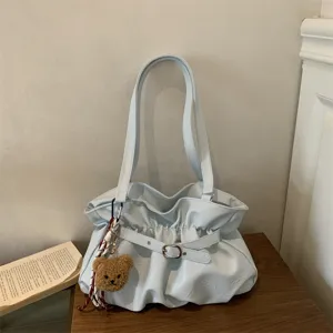 Women Large Capacity Pleated PU Leather Shoulder Bag Fashion Tote Bucket Bag With Bear Pendant Commuter Handbag
