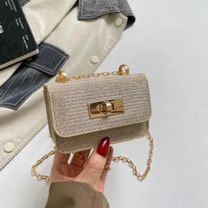 Chic metallic lock glitter woven small shoulder bag for women summer versatile style.