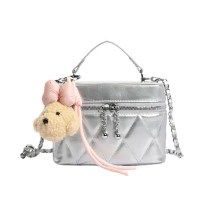 Silver quilted vanity crossbody bag with cute plush puppy pendant stylish women shoulder bag