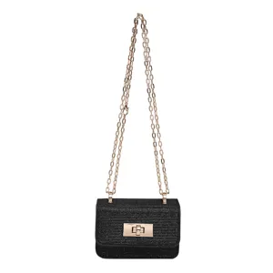 Black straw woven crossbody bag with gold chain strap and chic twist lock for women summer.