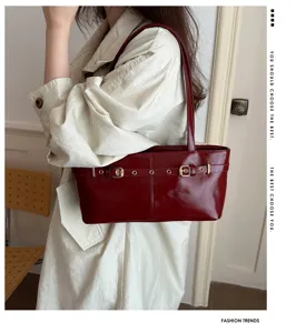 Korean style vintage shoulder tote bag with chic belt buckle detail for daily commute.