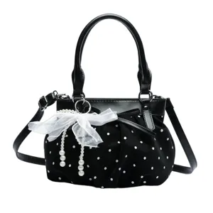 Korean style black white polka dot handbag, fashionable commuter shoulder bag for women.