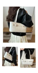 White shoulder tote bag for women, large capacity PU leather bag with retro belt and metal rivets.