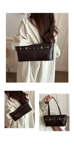 Detailed view of retro brown shoulder tote bag with chic buckle and strap design for women