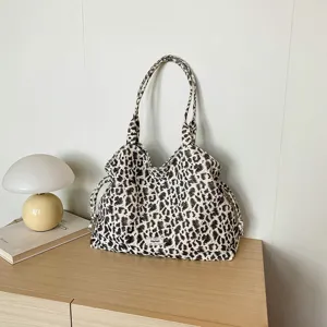Korean style lazy leopard print pleated shoulder tote bag casual commute handbag for women new