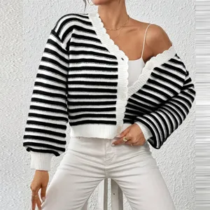 Women Black White Striped Cardigan V-Neck Lantern Sleeve Knitted Sweater Jacket Tops