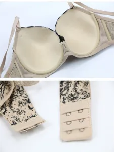 Detailed view of the push-up women's bra cup interior and back hook closure design.