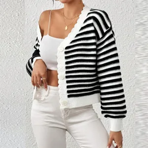 Black and white striped knitted cardigan for women, V-neck lantern sleeve sweater.