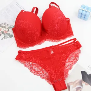 Detaillierte Ansicht des sexy roten Spitzen BH und Tanga Lingerie-Sets mit leichtem Stoff.