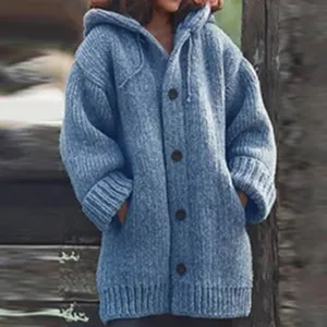Blue hooded knit cardigan sweater detail showing soft texture, long sleeves and button closure.