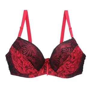 Detailed view of a sexy red and black lace push-up bra featuring floral patterns and bows.