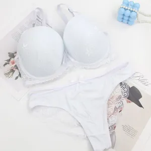 Detailansicht des weißen sexy Spitzen-BHs und Slips Dessous-Sets, zarte florale Spitzenborte.
