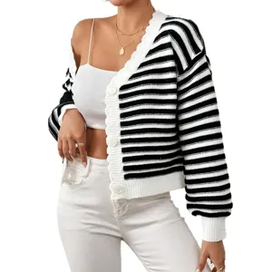 Women casual colorblock cardigan sweater V-neck striped lantern sleeve knit outerwear top