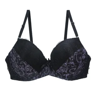 Sexy women push up bra with black and purple lace print, adjustable straps and comfortable fit.