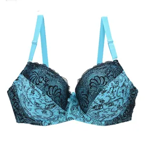 Detail view of a sexy women's push-up lace bra with color block design and adjustable straps.