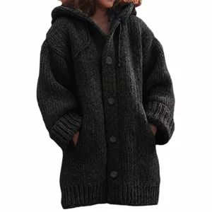 Womens casual loose long sleeve hooded knitted cardigan sweater fashion outerwear.