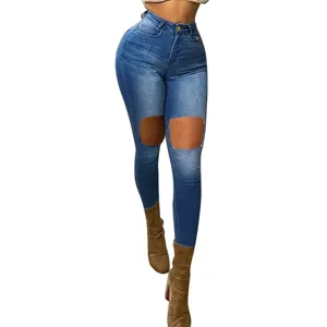 High waist tight denim print leggings pencil pants detail view showing slim fit and unique knee design.