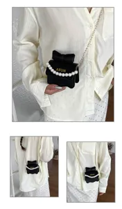 Süße Kinder Schleife Umhängetasche mit Perlenriemen stylische schwarze Mini Handtasche Mädchen