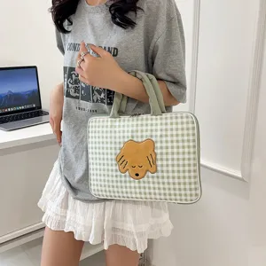 Borsa per laptop a quadri verdi con simpatico cagnolino, borsa a mano da 14 pollici per donne.