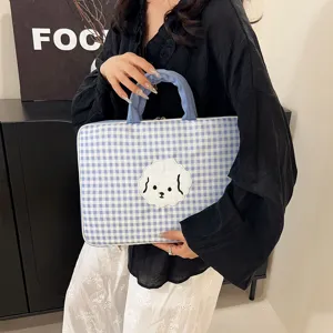 Borsa per laptop a quadretti blu e bianchi 14 pollici simpatico cane borsa a mano custodia