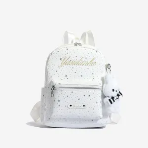 Stylish white star print women backpack with cute rabbit pendant for daily school travel use.
