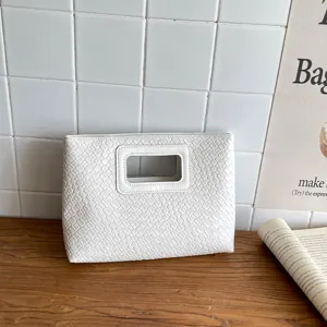 Borsa a mano intrecciata bianca da donna, elegante borsetta da sera con manico.