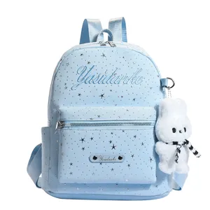Fashion light blue star print women backpack with cute plush rabbit pendant student school bag