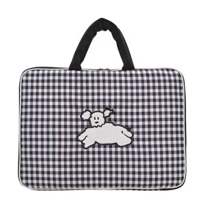 Borsa per laptop a quadri in bianco e nero da 14 pollici con ricamo di cane carino.