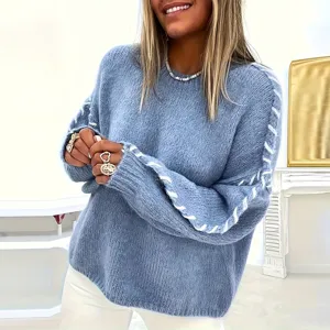 Women's Casual Long Sleeve Crew Neck Loose Fit Pullover Sweater Solid Color Contrast Stitching Knitted Winter Top