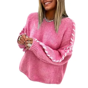 Women's Fall Winter Casual Long Sleeve Pink Crewneck Pullover Sweater with White Lace-up Sleeves