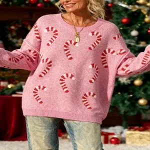 Dames roze kerst zuurstok gebreide truien, gezellige lange mouw trui voor de winter.