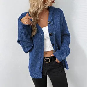 Women's Casual Solid Color Long Sleeve Hooded Knitted Cardigan Sweater Coat Single-Breasted Drawstring Outerwear