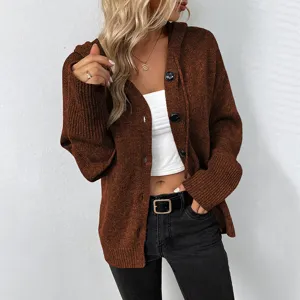 Brown hooded knit cardigan detail, soft texture and button closure for cozy casual wear.