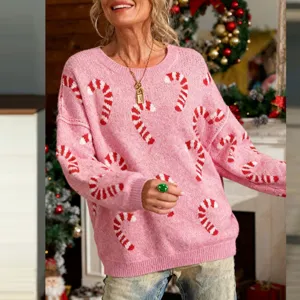 Dames Plus Size Kerst Zuurstok Gebreide Trui Casual Lange Mouw Ronde Hals Trui Winter Losse Tops