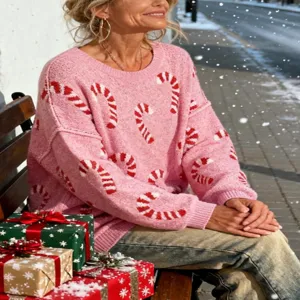Roze oversized gebreide trui voor dames met kerst zuurstok patroon lange mouwen top