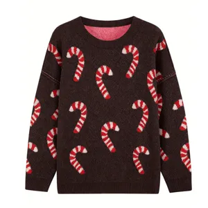 Gedetailleerd overzicht van de kerst trui met zuurstok print en ronde hals dames.