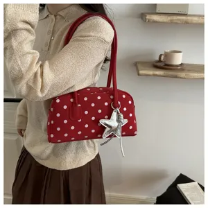 Red white polka dot bowling shoulder bag stylish commuter handbag with silver star charm for women