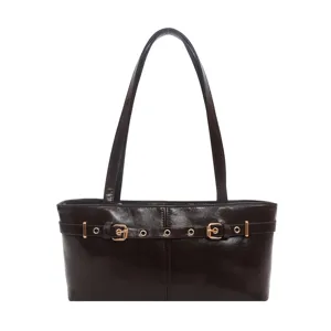 Retro leather tote bag for women, large capacity shoulder bag with double straps and metal buckles.