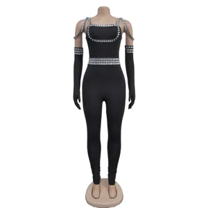 Women sexy black rhinestone jumpsuit tight bodycon suspender romper pencil pants party club