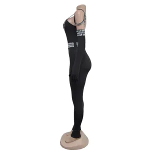 Women sexy rhinestone hot drill suspender tight jumpsuit slim fit pencil pants black
