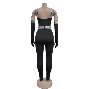 Black rhinestone strap jumpsuit sexy tight pencil pants with matching long sleeves.