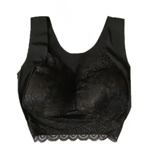 Close-up of black lace seamless padded bra cami top, comfortable daily wear underwear detail