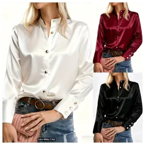 Women long sleeve satin blouse elegant stand collar button down shirt top for daily work.